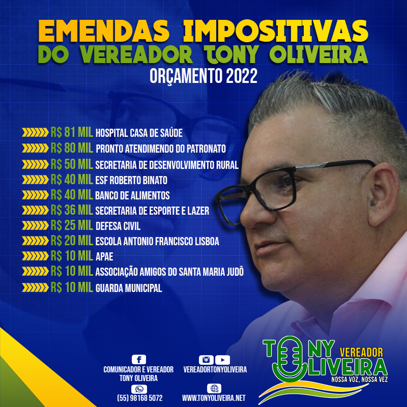 No momento, você está visualizando Emendas impositivas do vereador Tony Oliveira para 2022